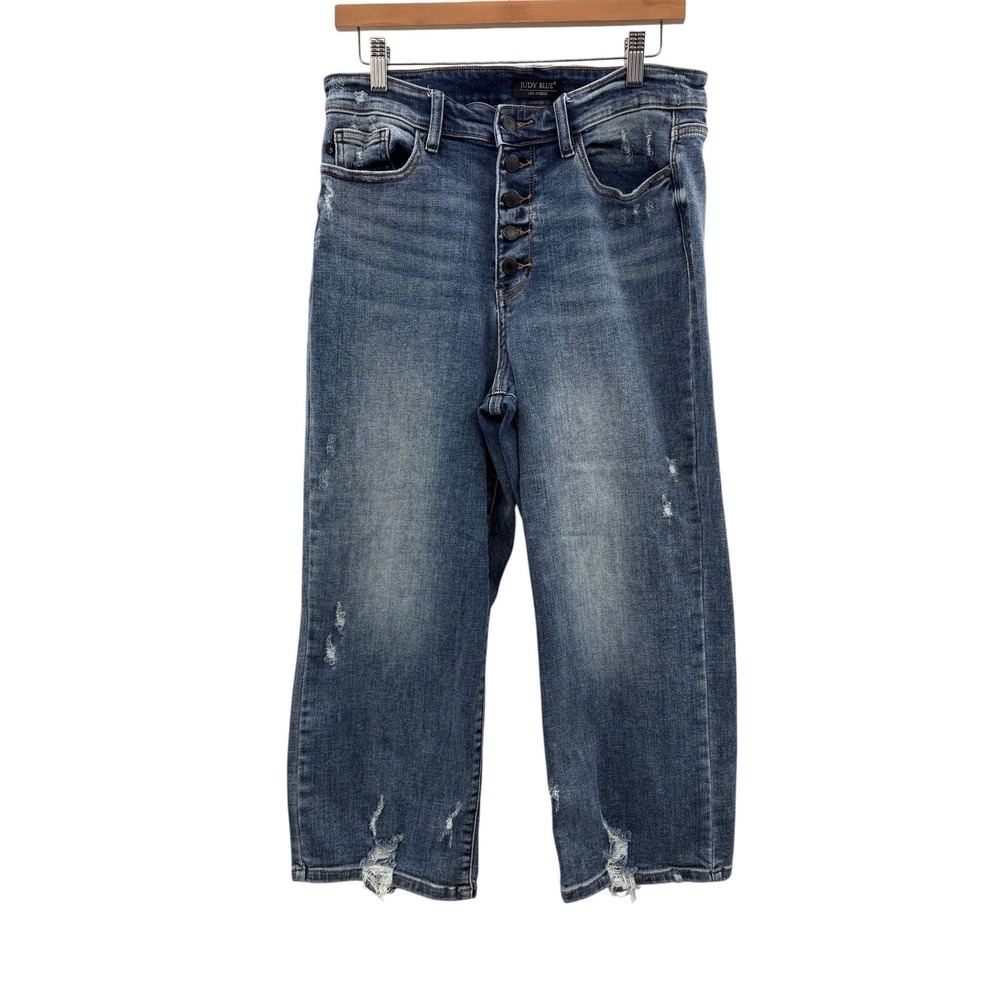 Judy Blue Wide Leg Crop‎ Jeans 11/30 High Rise Button Fly Distressed Denim